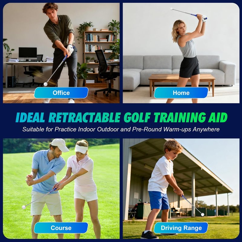 Rpiuago Retractable Golf Swing Training Aid, Right-Handed Golf Swing Trainer with Click Feedback, Tempo Stick Golf to Improve Strength & Tempo with Arm Band, Ideal for Beginners, Indoor & Outdoor Use