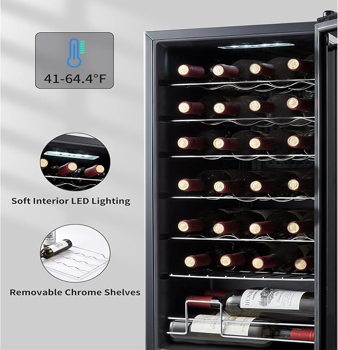 BODEGA COOLER 28 Bottle Wine Refrigerator, Fridge for Kitchen, Room, Office | 7 Shelves, Fast Cooling, Digital Temp Panel, Quiet ≤40dB Operation, Freestanding / Under Counter, UV-Protected Glass Door