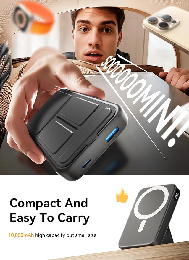Magnetic Portable Charger, 10000mAh Power Bank Compatible with MagSafe, 20W Fast Charging, Foldable Wireless Battery Pack for iPhone 17/16/15/14 All Series, Travel Essentials