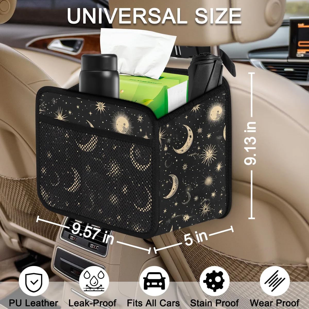 Car Backseat Organizer, PU Leather Back of Seat Car Hanging Organizer with Pockets Leakproof Car Garbage Bag Hanging Car Seat Storage Box Travel Accessories Foldable (Moon & Stars Black)