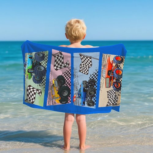 **Skiennix Monster Truck Beach Towel - Quick-Dry Microfiber for Kids | 30 x 60 Inch Racing Car Design**