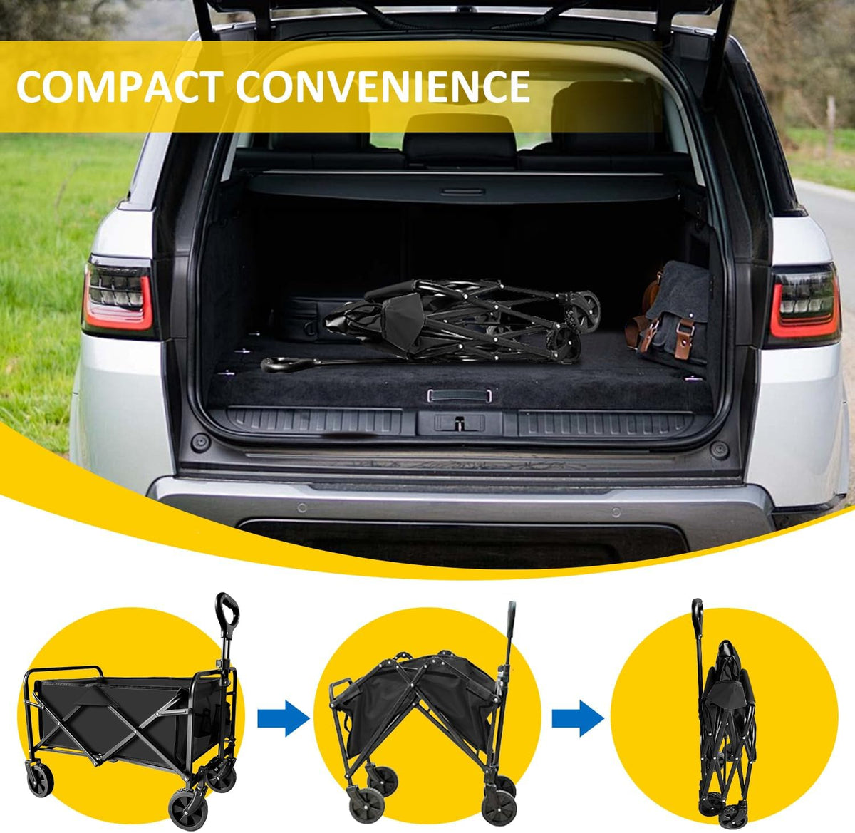 Heavy Duty Folding Wagon 320lbs Capacity, Reinforced Steel Frame Utility Cart with All-Terrain Quiet Wheels, Collapsible Outdoor Wagon for Camping, Gardening & Sports, Black