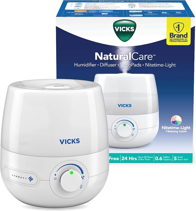 Vicks NaturalCare Cool Mist Ultrasonic Humidifier, Small Room Humidifier for Bedroom, Diffuser with Nighttime Light, Works with Vicks VapoPads, White