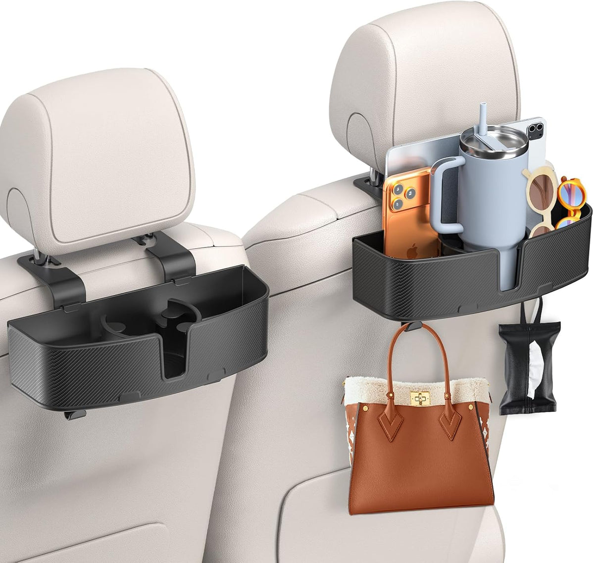 Car Headrest Cup Holder for Back Seat Organizer for Type-c/Lightning Retractable Charging Cables Multi- Hanging Snack Storage Box with Strong Hooks for Kids and Fast Charging for Travel Accessories