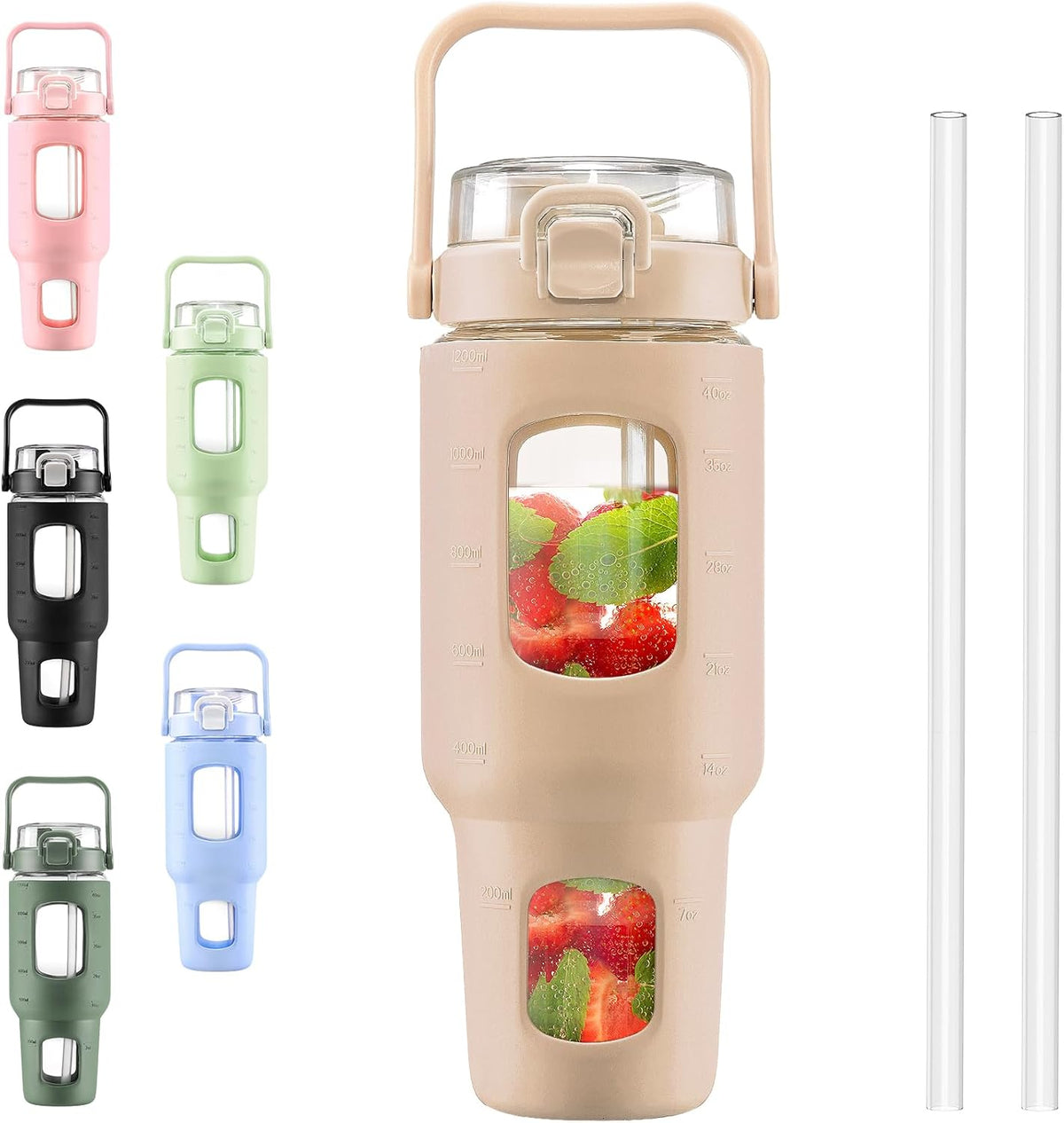 BLUEGO 40 oz Glass Water Bottles with Straw Time Marker, Glass Tumbler with Handle Top Lids, Easy to Clean, Fits in Car Cup Holder, Leakproof Jug for Gym, Sports, Workout & Daily, Amber