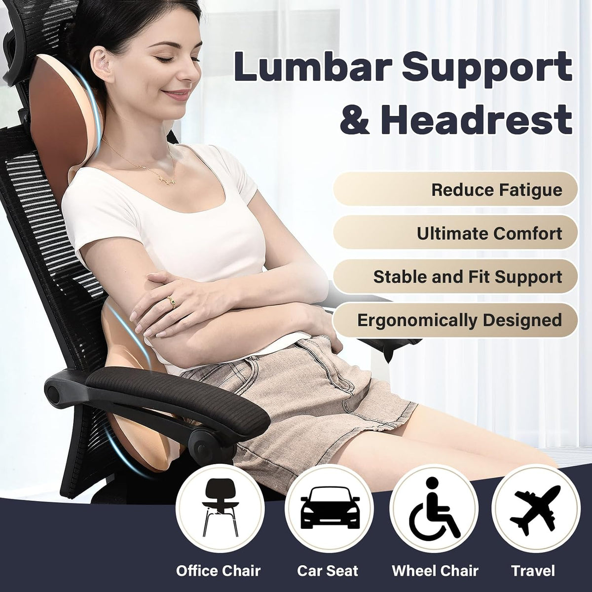 Coverado Lumbar Support and Car Neck Pillow, Ergonomic Memory Foam Desk Chair Cushion and Headrest Pillow for Car Office Chair, Sciatica & Neck & Tailbone Cushion