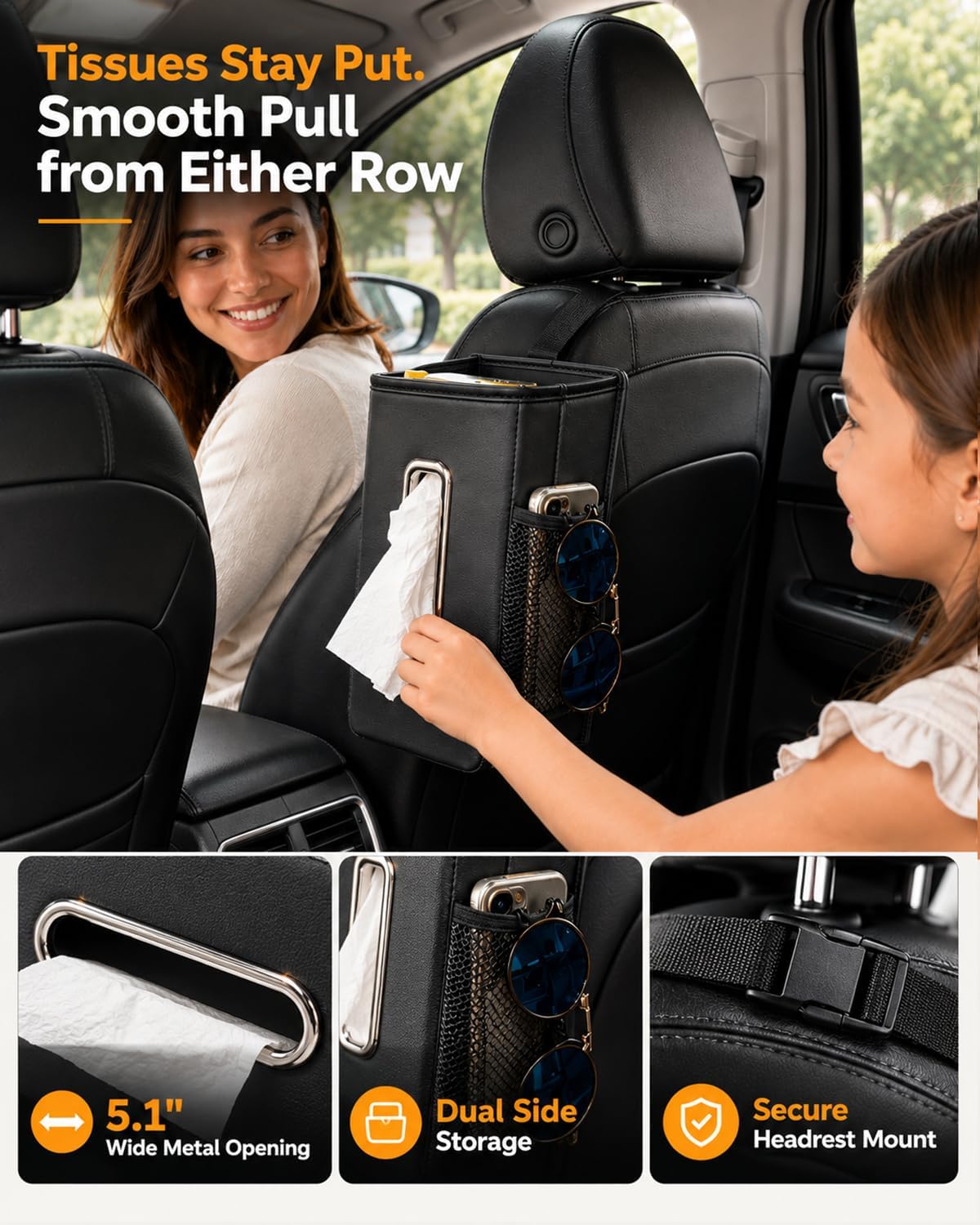 Leather Car Tissue Holder for Front & Back Seats, Car Tissue Box with 2 Side Mesh Pockets, Wide Metal Opening for Easy Pull, Fits 100–160 Count Rectangular Tissue Boxes, Black