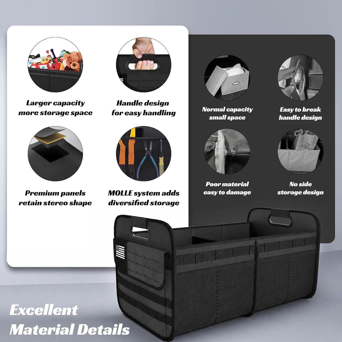 Sposuit Car Trunk Organizer for SUV - 70L Collapsible Tactical MOLLE Car Storage with Reinforced Handles & Multiple Pockets, Sturdy Trunk Organizers for Groceries, Tools & Outdoor Storage (Black)
