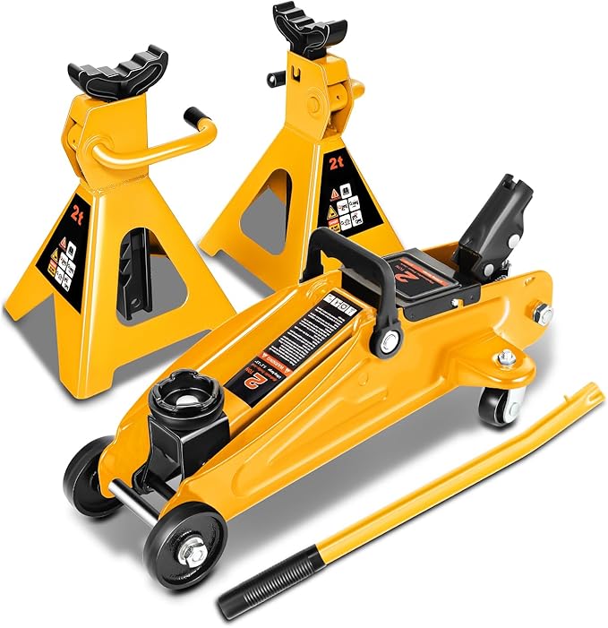 DNA Motoring 2 Ton Car Jack and Stands Kit 2T(4000 lbs) Capacity Low Profile Hydraulic Trolley Service/Floor Jack with 2 Ratchet Stands Combo for Home Garage Shop, Orange, TOOLS-00476-OG