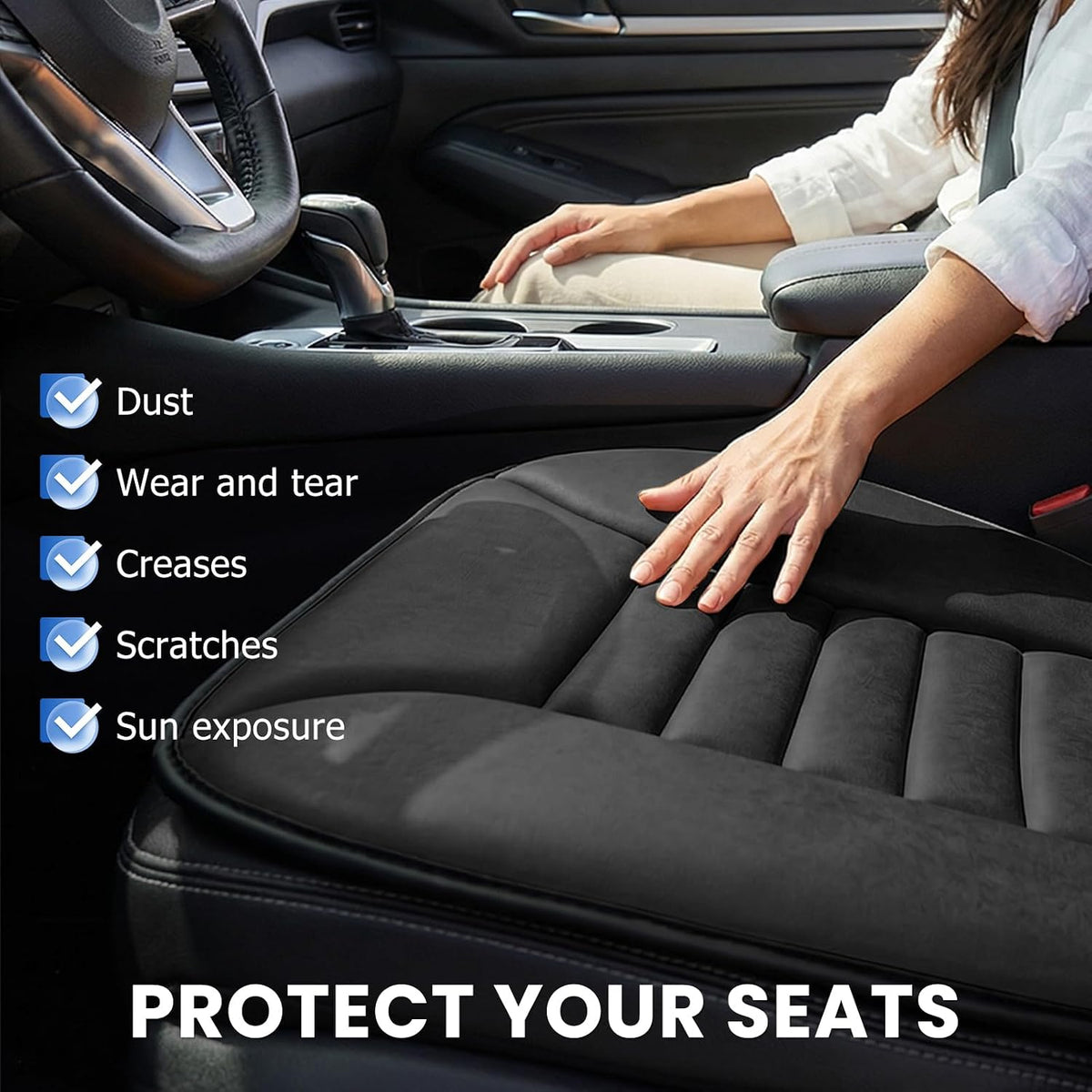 Car Seat Cushion, 1.2" Thick Comfort Memory Foam Seat Protector with Non-Slip Rubber Bottom, Breathable Fabric Driver Seats Cushion Pad for Sciatica Tailbone Back Pain Relief (Black)