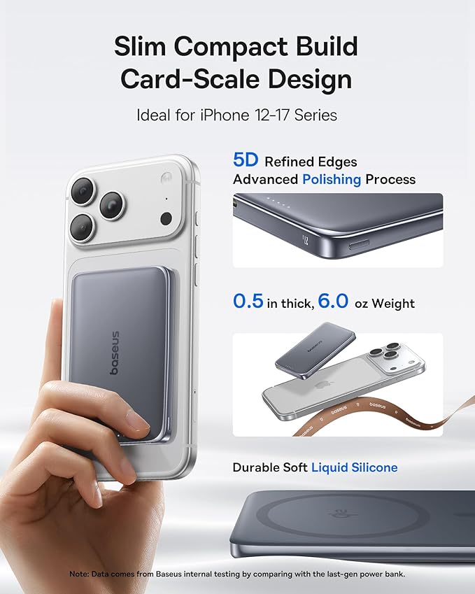 Baseus Picogo Power Bank, 0.5" Ultra Slim 10000mAh MagSafe Portable Charger, 27W Fast Charging Magnetic Battery Pack, Upgraded Polished Alloy Wireless Charger for iPhone 17 Pro Max/Air/16/15/14/13/12