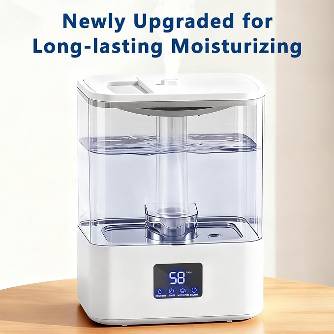 KZF 4L Top Fill Humidifiers for Bedroom & 60H Runtime - Cool Mist Humidifier, 3 Mist Levels, 8H Timer, Essential Oil Tray, Humidity Display, Quiet for Bedroom, Baby, Plants, Large Room (White, 4L)