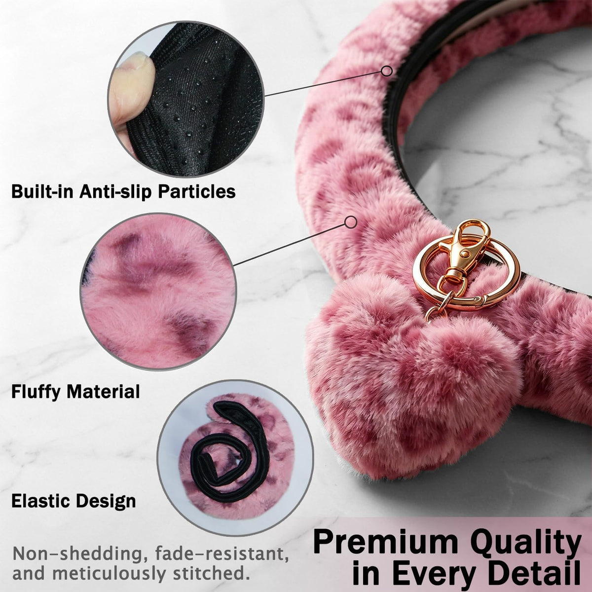 Pink Leopard Steering Wheel Cover with Fluffy Keychain Fit 14"-15"