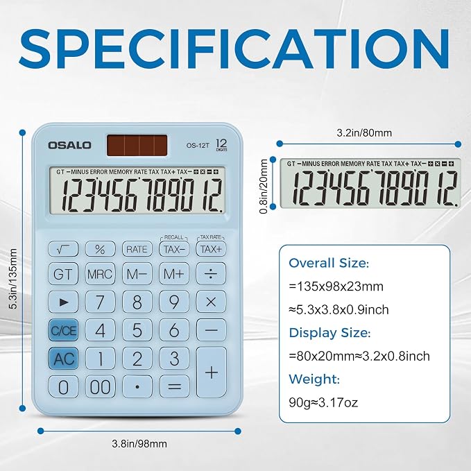Pocket Small Size Desk Calculator, 12 Digit Large LCD Display, Basic Tax