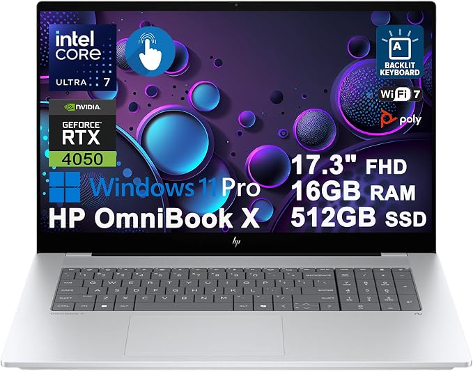 HP OmniBook X AI Laptop 17.3" FHD Touch Intel 8-core Ultra 7 256V 47 AI Tops 16GB RAM 512GB SSD GeForce RTX 4050 Thunderbolt Backlit Wi-Fi7 for Creator Designer Business Professional Win11Pro ICP Hub