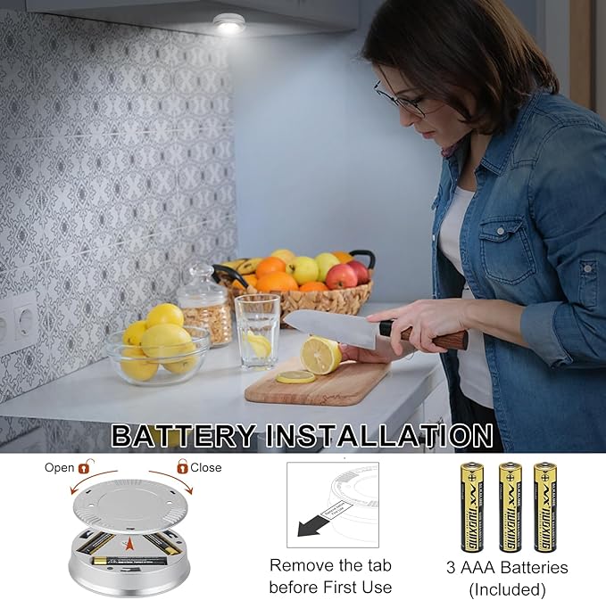 Wireless LED Puck Lights, Touch Activated Tap Ligh Push Light,Battery Operated Stick On Lights for Under Cabinet, Kitchen, Closet & Counters, 6-Pack,Silver (3 AAA Batteries Included)