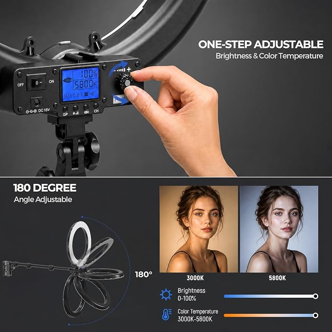 18 Inch Ring Light with Wall Mount Stand, Bi-Color LCD Display 55W 3000-5800K