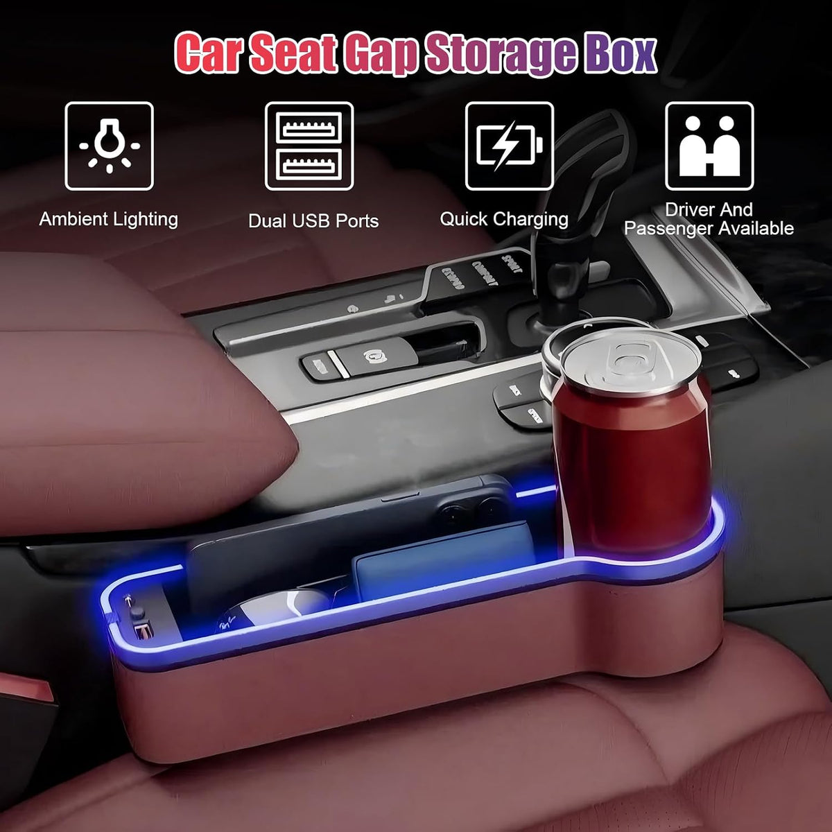 2PCS LED Car Seat Gaps Filler Organizer,Front Seat Gaps Filler, Car Seat Organizer with Ambient Light, USB Charger for Multifunction Storage Box for Holding Phone, Sunglasses