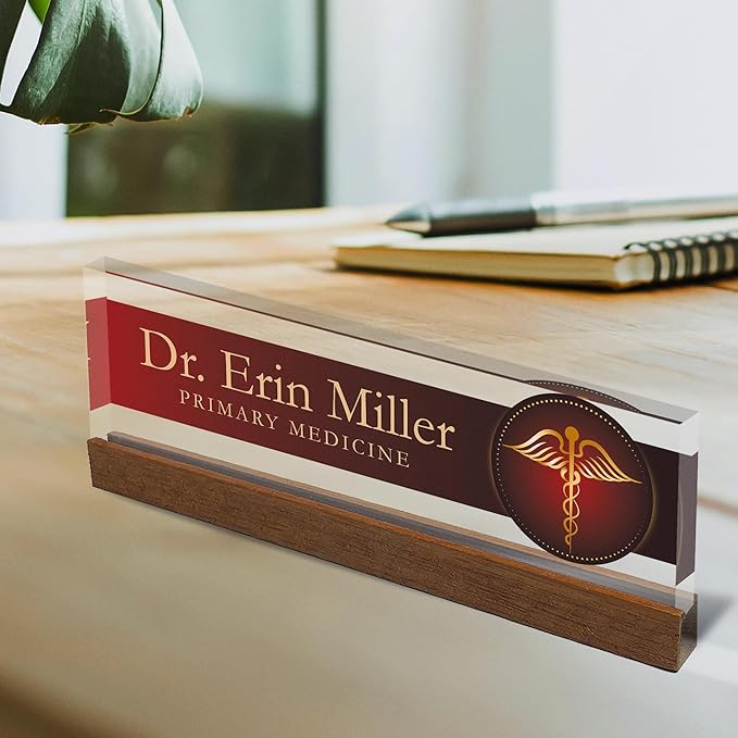 Artblox Personalized Office Desk Name Plate and Business Card Holder | Clear Acrylic Glass with Teak Wood Stand | Doctor Design Customized with Your Name and Credentials Office Desk Decor