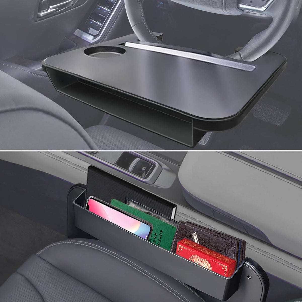 Steering Wheel Tray - 2 in 1 Car Seat Gap Filler Organizer, Multipurpose Table Tray for Eating, Drinking, Laptop