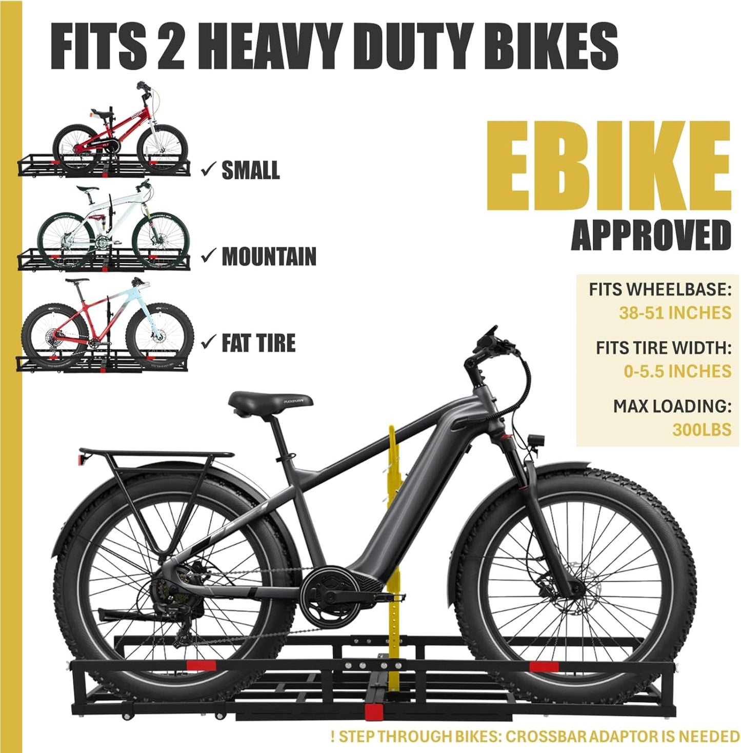 Hitch-Mount Bike Rack for Ebike Heavy-Duty - Comes with Cargo Carrier Fits 2 Electric Fat-Tire Mountain Bicycles Fits 2" Receiver for Car Trailer SUV Truck RV Minivan (Gold)