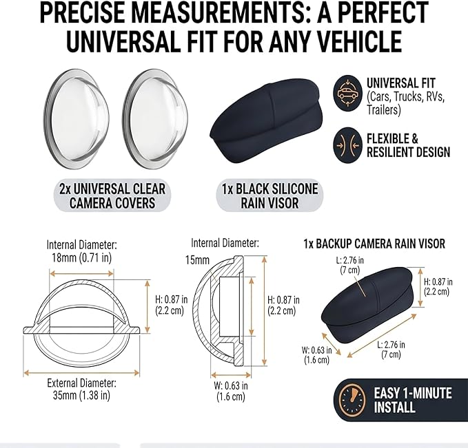 Universal Backup Camera Rain Shield, Debris Protector & Clear Lens Cover Combo
