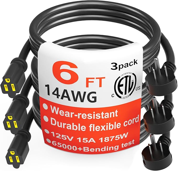 HUANCHAIN 14 Gauge 6 Feet (3 Pack) Flat Plug Extension Cord Black Indoor Outdoor, Heavy Duty 3 Prong Grounded Low Profile Extension Wire Flexible, 15A 1875W 125V 14AWG SJTW, ETL Listed