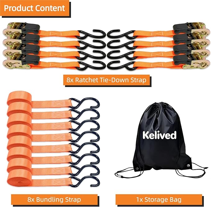 8PK Ratchet Tie Down Straps - 1in x 16feet, 880LBS Working Load & 1760LBS Break Strength, Wear-Resistant Webbing with Non-Slip Rubber Handle, S-Hooks & Storage Bag