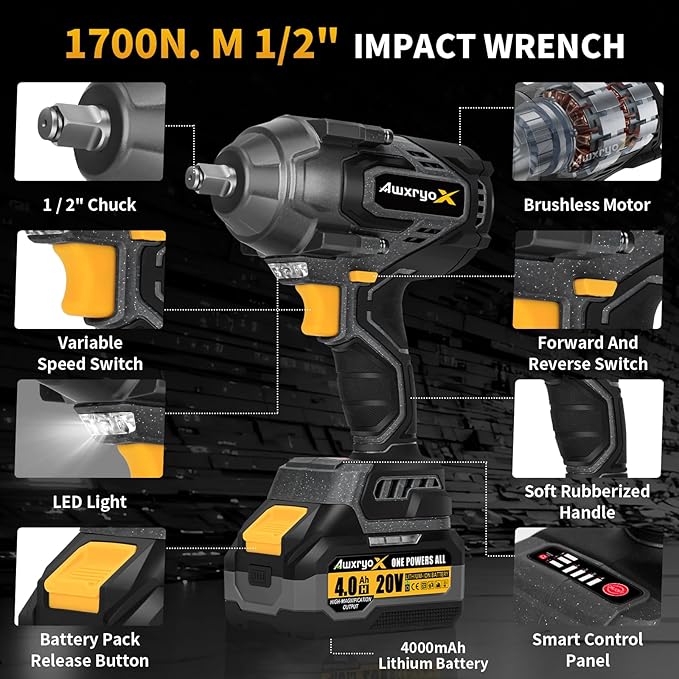 1700Nm Impact Wrench, 20V 1254Ft-lbs Brushless Impact Gun with 2x4.0Ah Battery, 1/2" High Torque Pistola De Impacto with 6 Socket, Electric Impact Llave Driver for Truck/Mower/Car/Industrial