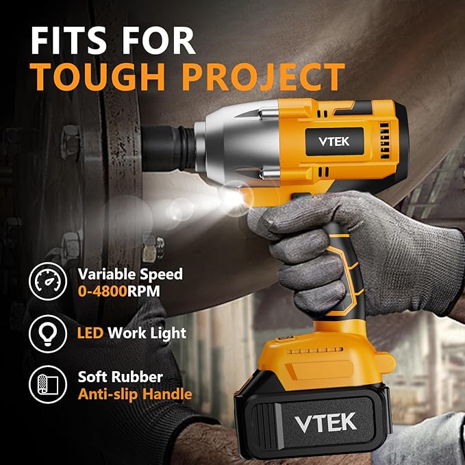 VTEK Brushless Impact Wrench 1/2 Inch Cordless Impact Wrench,Max Torque 700N.m Impact Gun 515 ft-lbs for Car Tiers