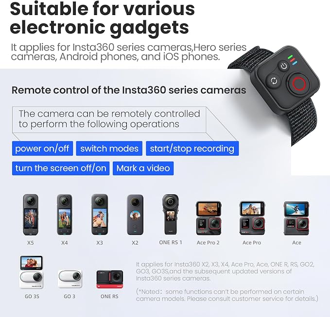 Bluetooth Remote Control for Insta360 X5/X4/X3/X2/Go 3S/ACE Pro 2, GoPro Camera
