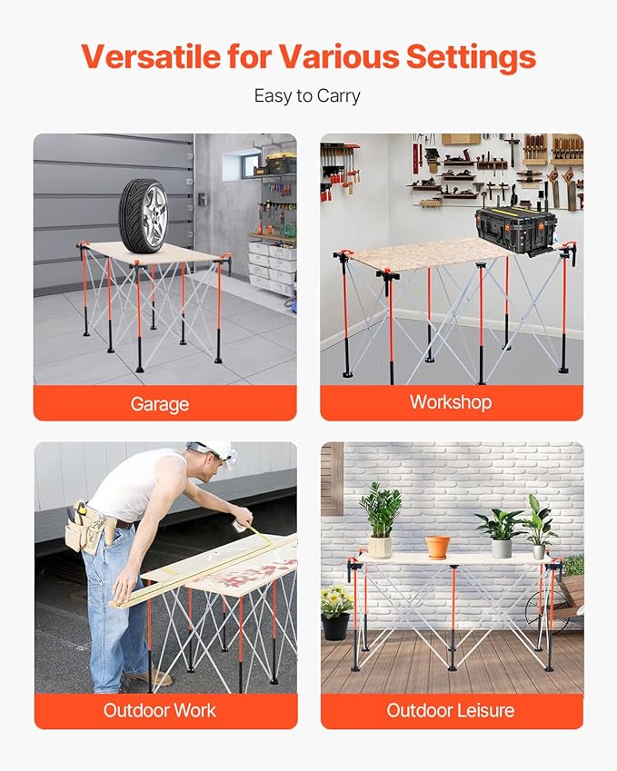 VEVOR Portable Folding Workstand, 4.15 x 2.18 ft Collapsible Workbench, 2500 lbs Weight Capacity, No Assembly Foldable Work Stand with Storage Bag, Table Top NOT Included, for Garage Workshop Outdoor