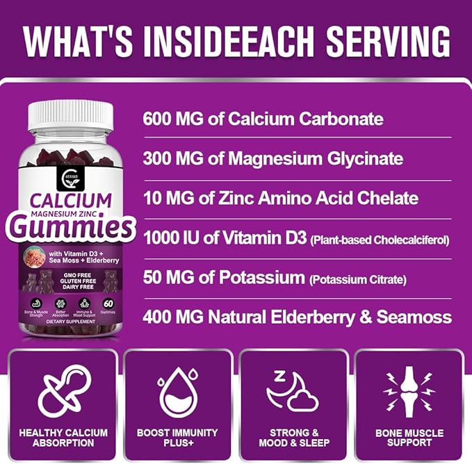 Calcium Magnesium Zinc Gummies with High Absorption Magnesium Glycinate Potassium - Plant Complex Calcium Magnesium 2:1 Ratio, with D3 Sea Moss for Bone, Muscles, Immune & Sleep Support, Vegan-3 Pack
