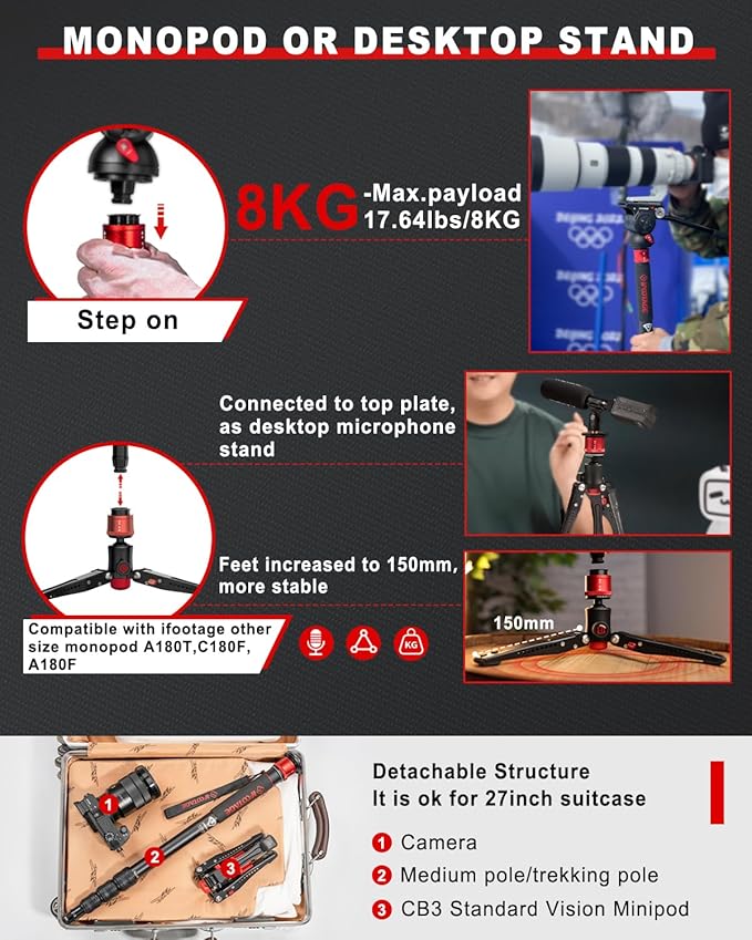 IFOOTAGE Monopod for Camera Cobra 3 A180T, Quick Adjust Monopod