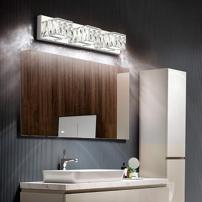 ZUZITO Chrome Bathroom Light Fixtures - Crystal 3 Lights Modern Bathroom Vanity Light - 18 Watt Dimmable LED Vanity Lights for Small Bath