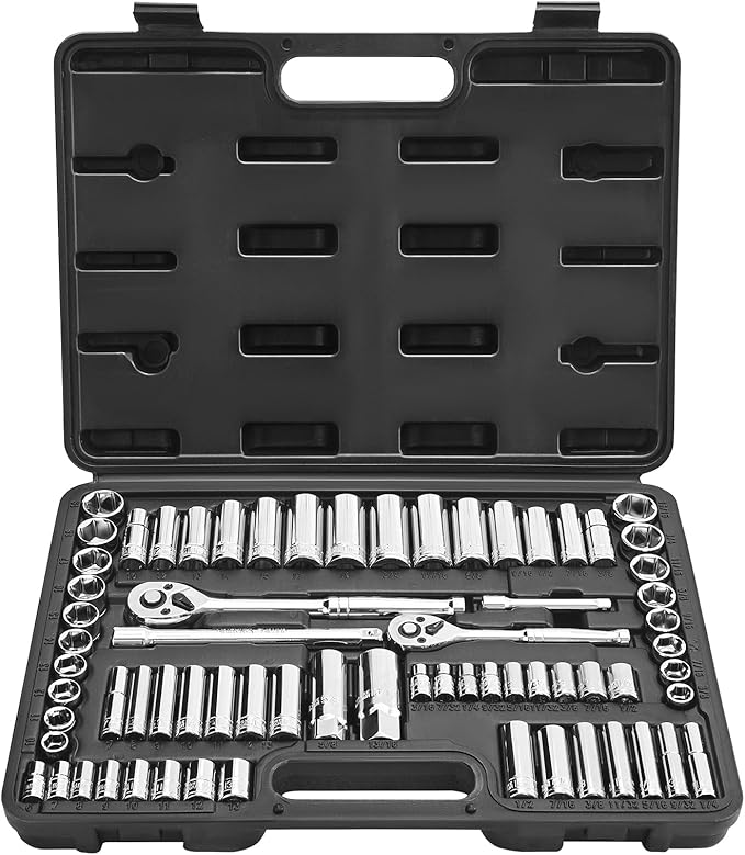 VEVOR Socket Set, 69 Pieces, 3/8 & 1/4 inch Drive Socket and Ratchet Set, SAE and Metric, Deep and Standard, Mechanic Tool Kit with Accessories and Storage Case, CR-V Alloy Steel, for Auto Repair