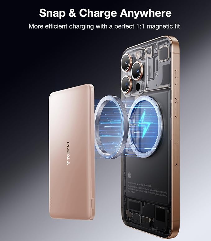 TORRAS MiniMag Power Bank, Ultra Slim 5,000mAh Wireless Portable Charger with USB-C Cable, Fast Charging iPhone Air MagSafe Battery Pack, Compatible Charger for iPhone 17/16/15/14/13/12, Desert Gold
