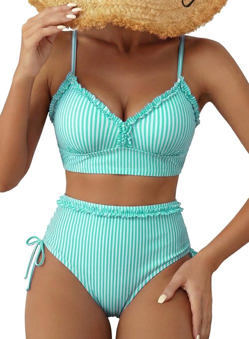 Herseas Women's Splice Ruffle Trim Bikini Sets Tie Side Wire Free Swim Suits 2026 Removable Pads High Waisted Stretchy Bathing Suits Green Stripes Vintage Holiday Teens Outfits Medium