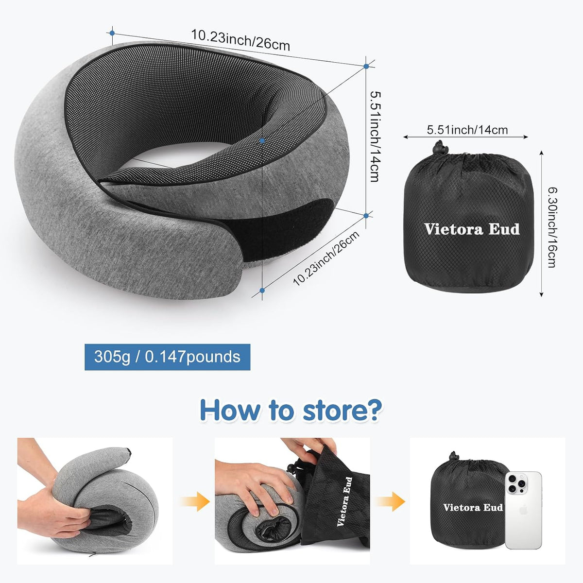 Travel Neck Pillow, Memory Foam Neck Support for Airplane, Car & Office, Breathable Portable Design with Eye Mask, Earplug Holder & Carry Bag, for Men&Women
