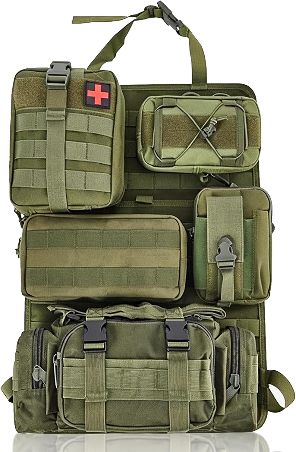 Tactical Car Seat Back Organizer with 5 Detachable Molle Pouches, 600D PU Waterproof Vehicle Seat Back Storage Bag, Universal Fit for Car, SUV, Truck, Pickup, Truck (Green)