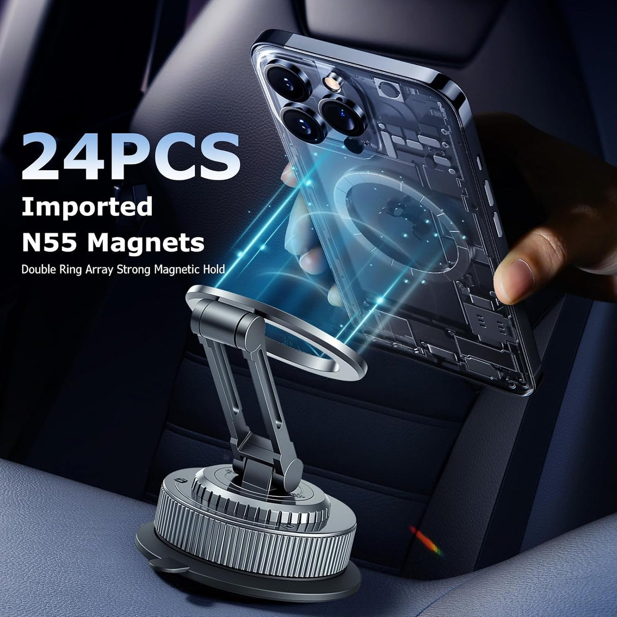 Magnetic Car Phone Holder, 360° Adjustable & 88LBS Super Strong Suction Car Phone Mount, Fits Trucks, SUVs, Jeep Wrangler JL, RVs & Boats, Compatible with iPhone 12–17 Pro Max