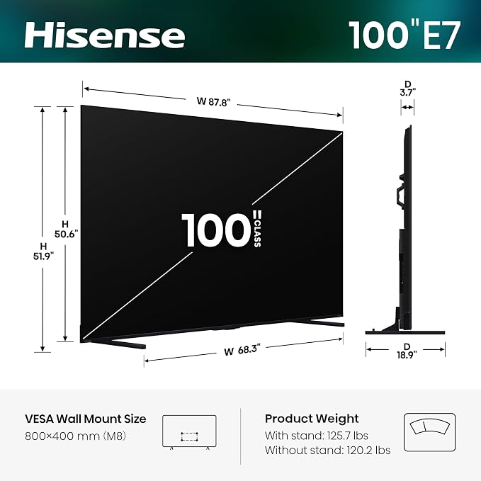 Hisense 100" E7 Cinema Series Hi-QLED Mini-LED 4K UHD Smart Fire TV (100E7SF, 2026 NEW) - Native 144Hz, AI Picture, Dolby Vision IQ · Atmos, FALD, HDR10+ Adaptive, MEMC, Alexa+