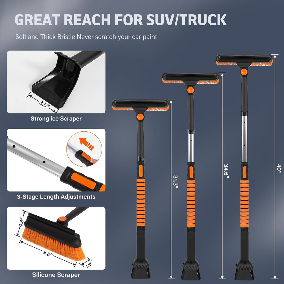 5-in-1 Extendable Snow Shovel and Ice Scraper for Car, 31"-40" Snow Brush with Squeegee, Pivoting Brush Head & Foam Grip for Windshield, Truck, SUV
