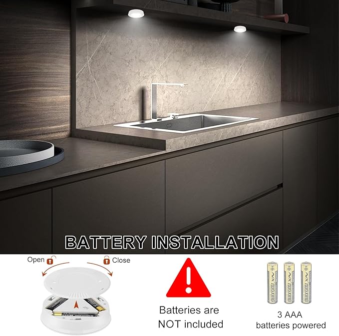 Wireless LED Puck Lights, Touch Activated Tap Ligh Push Light, Battery Operated Stick On Lights for Under Cabinet, Kitchen, Closet & Counters, 6-Pack, White