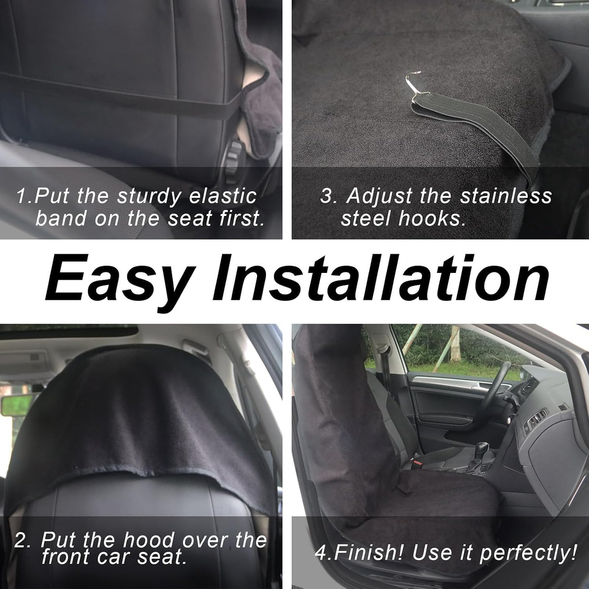 Sweat Towel Car Seat Cover Protector Front Seats for Gym Workout, Running, Swimming, Beach and Hiking, Waterproof Universal Seat Cover for Car, Trucks, Van & SUV (2, Pure Black, Front)