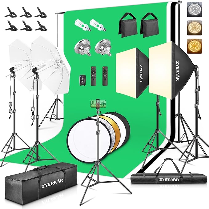Photography Lighting kit with Backdrops, 8.5x10ft Backdrop Stands, Zyernar LED