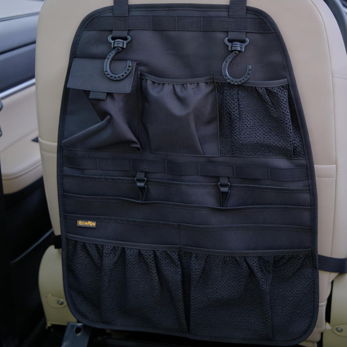 ECWKVN Car Seat Back Organizer, Heavy Duty Back Seat Organizer with Multiple Storage Pockets, Work Truck & SUV Seat Back Storage Bag for Tools, Tablet, Bottles & Essentials – Universal Fit