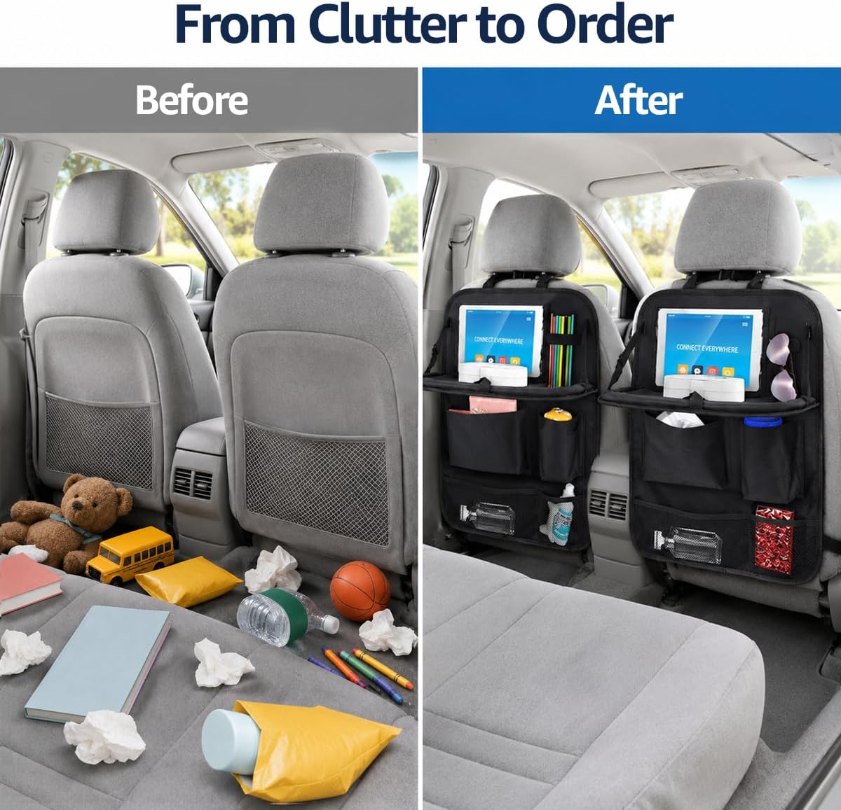 2 PCS Car Backseat Organizer with Tablet Holder, 5 Storage Pockets Auto Seat Back Protector w/Food Tray, Multifunctional Backseat Cover Storage Organizer for Most Vehicles