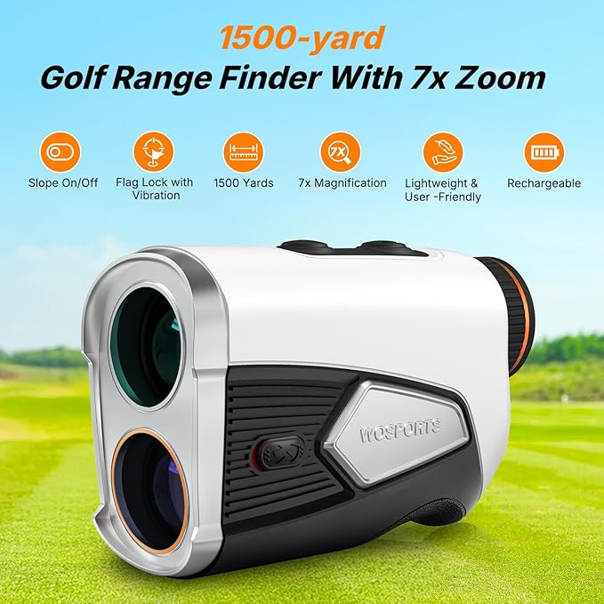 WOSPORTS Golf Rangefinder 1500-Yard with Slope,Golf Accessories Range Finder 7X Magnification,Pin Lock Vibration Range Finder(Feet/Meters/Yards), Magnetic Mount, Rechargeable