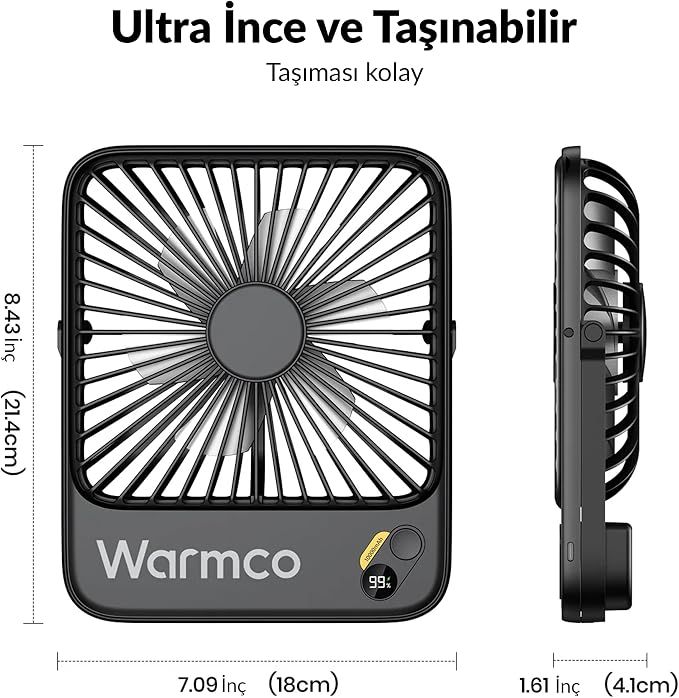 Warmco 10000mAh Portable Travel Fan 7-inch, Max 24H Runtime, Ultra-thin Quiet Rechargeable Battery Operated Desk Fan with Digital Display for Camping, Office, Bedroom, Cruise Essentials